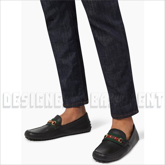 GUCCI mens 12.5 black AYRTON leather Horsebit DOUBLE G WEB Driver Moccasin shoes - Picture 12 of 12